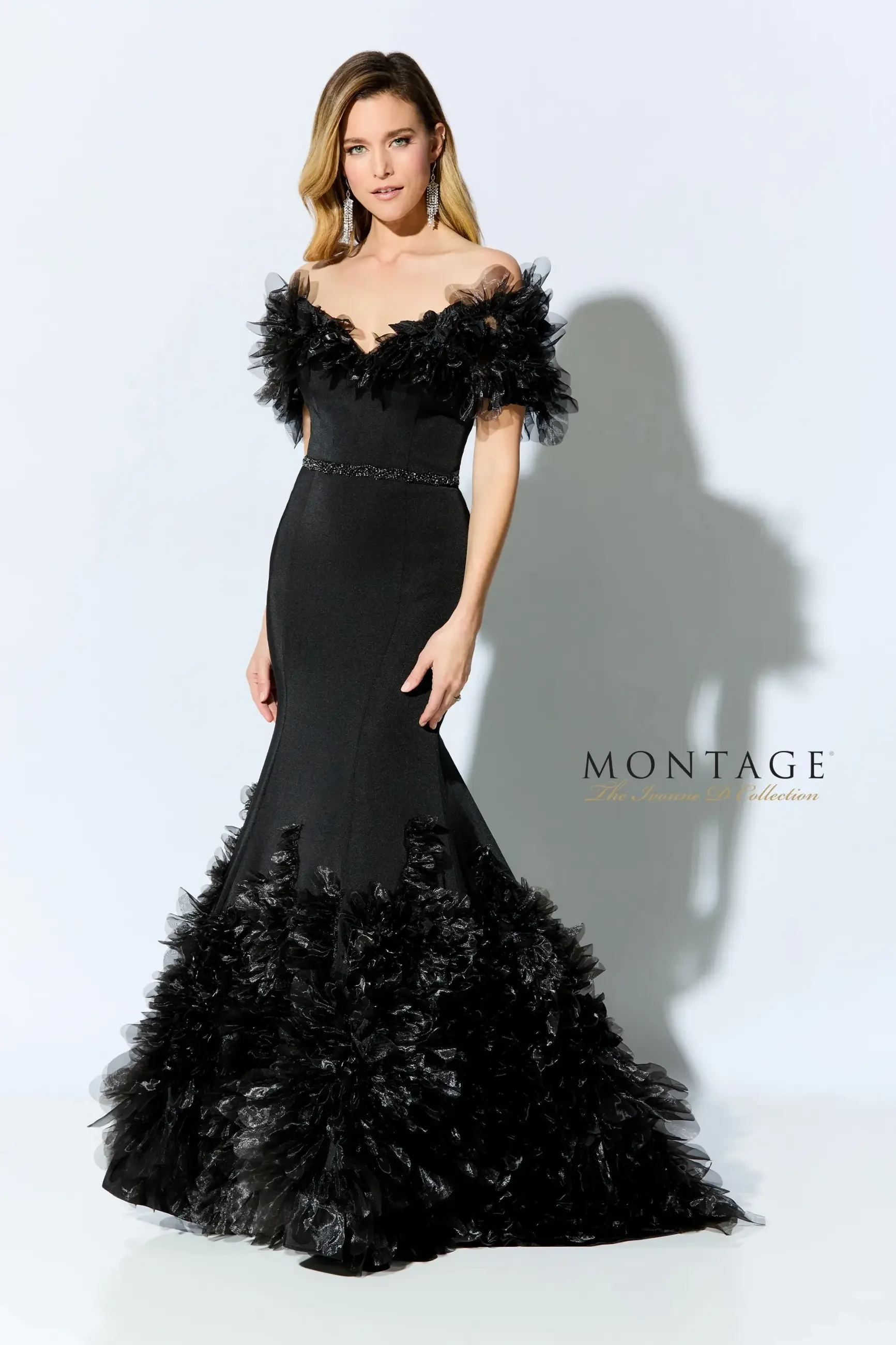 A model is wearing a black evening gown with off-the-shoulder sleeves and feather details along the hem, standing against a light background. The brand name 