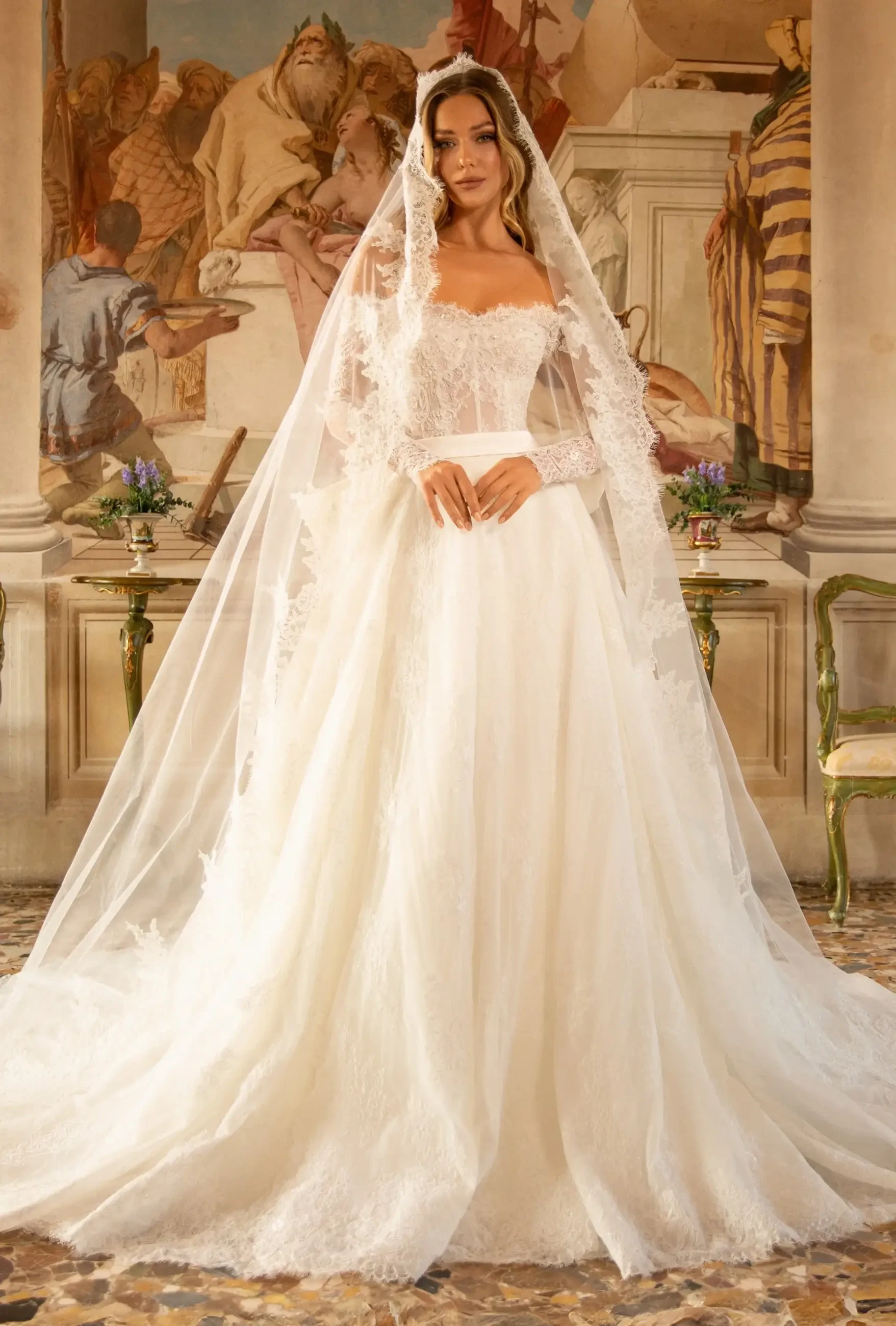 A woman in a white wedding dress with long sleeves and a veil stands elegantly in front of an ornate background featuring classical art.