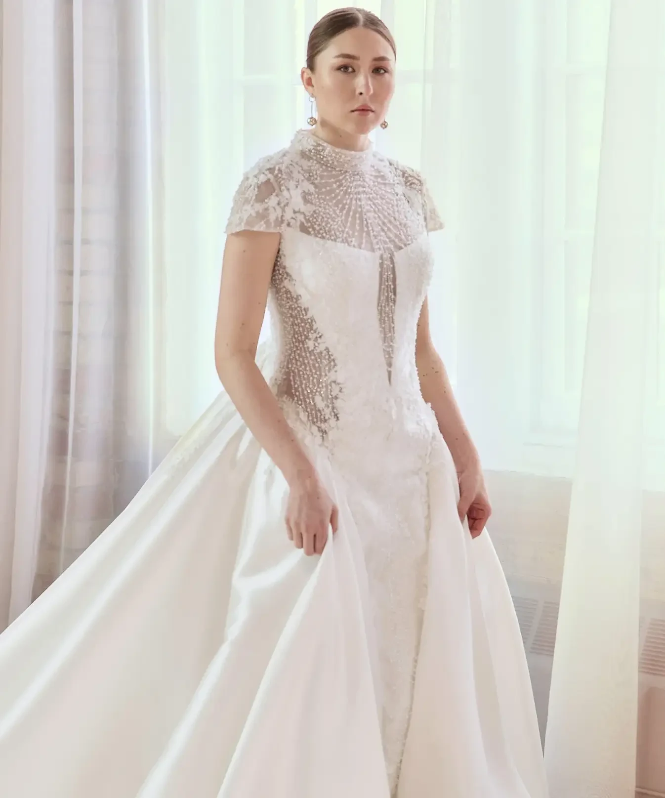 Mikado gown with beaded chantilly lace and 3d handmade lace appliques.